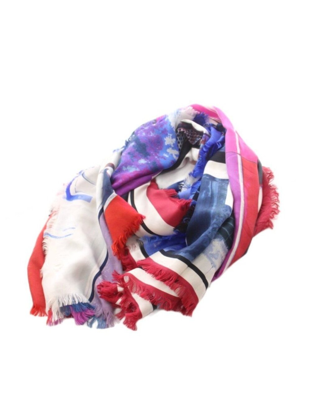Chanel Large Format Silk Scarf Fringe All Over Print Multicolor